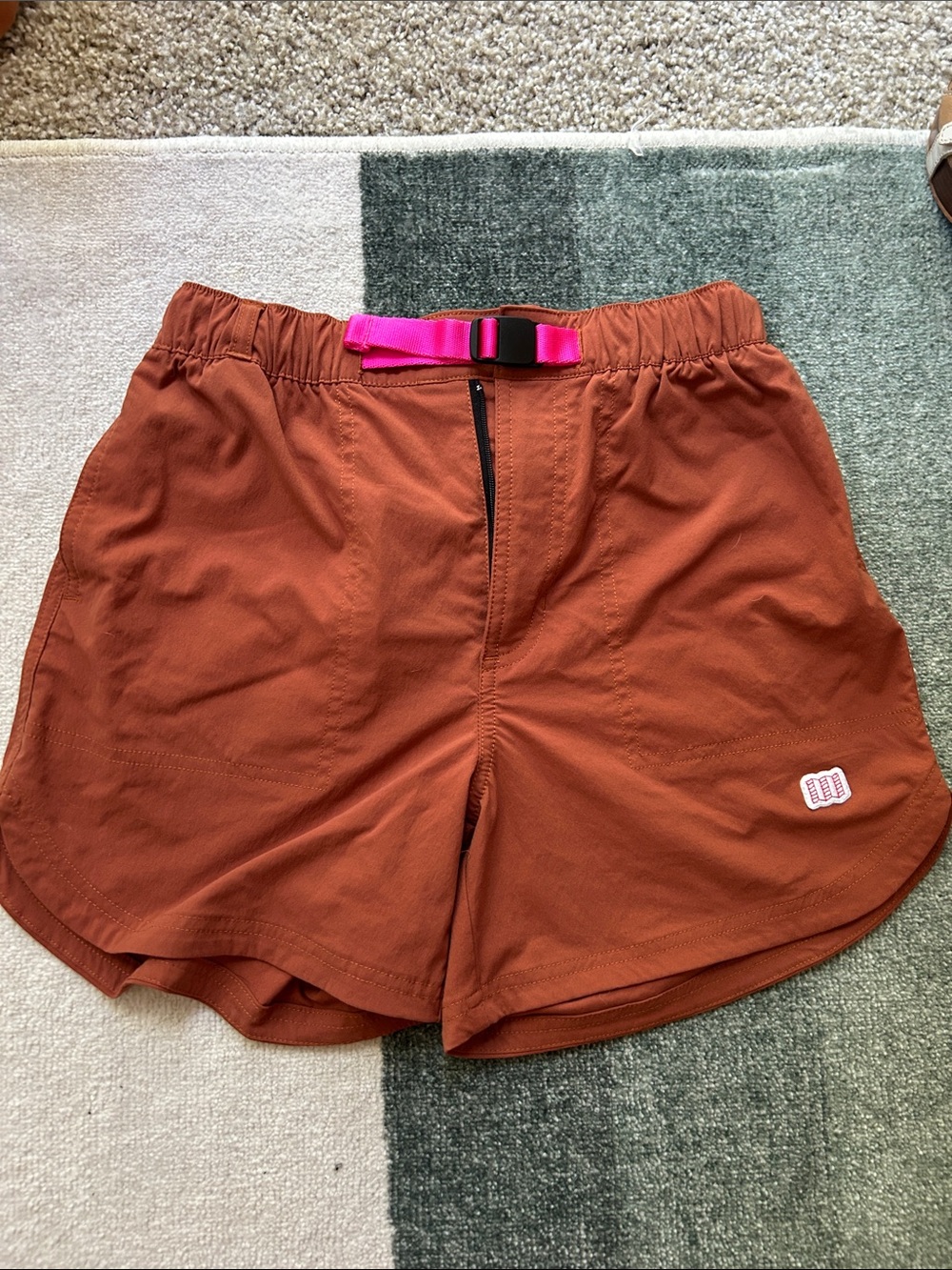 Topo Designs Rust Athletic Shorts with Pink Belt